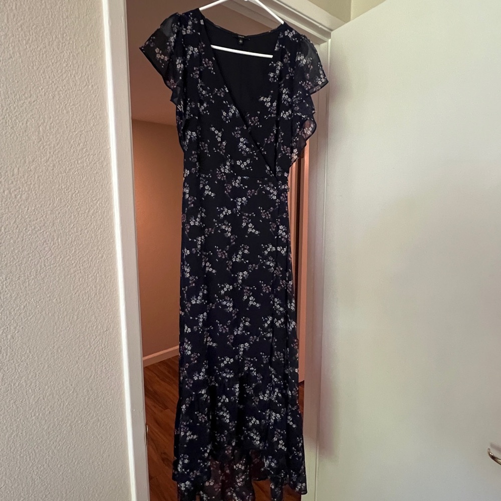 DREW Black Floral Dress with Ruffle Sleeves wrap